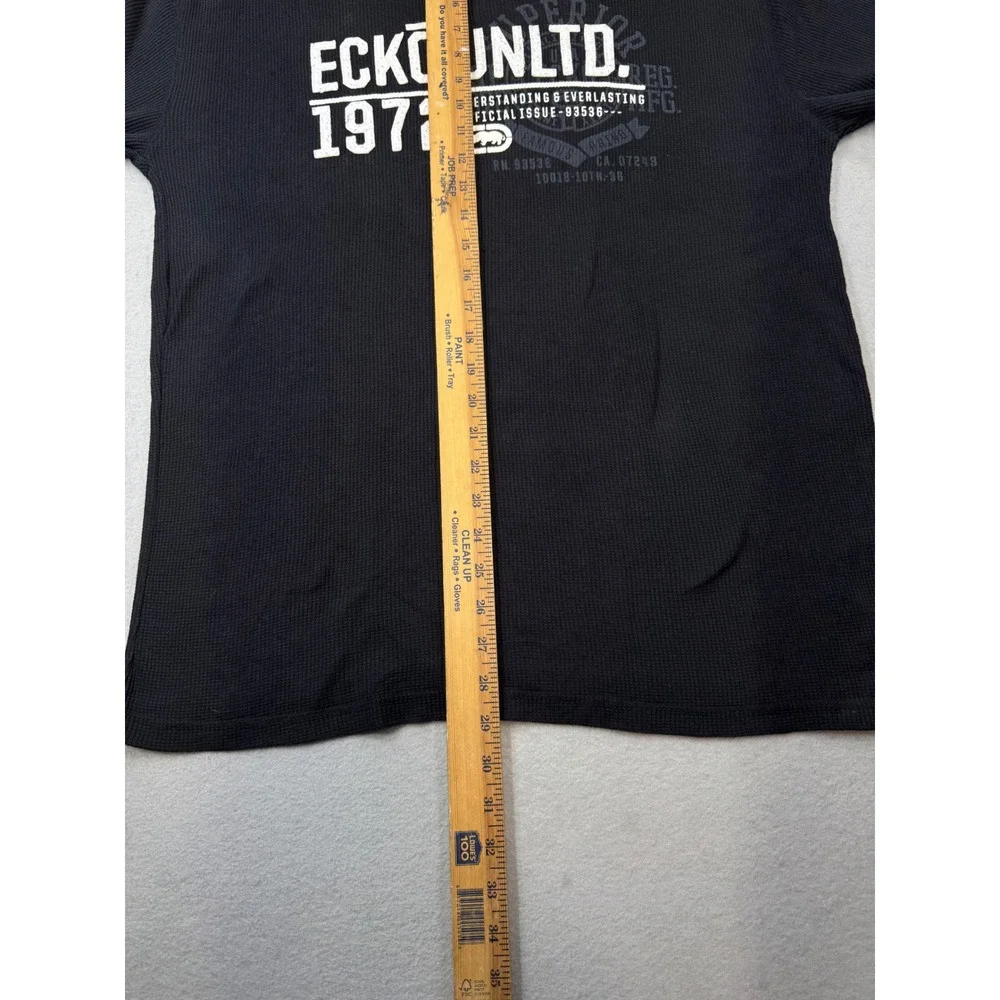 Ecko Unltd Mens XL Black Waffle Knit Thermal Long Sleeve Graphic T-Shirt Rhino